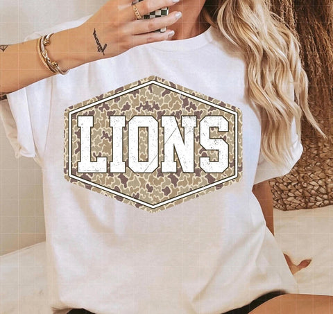 Lions Camou on black or white tee
