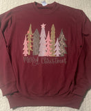 Hand Painted Christmas Trees on Burgundy Sweatshirt