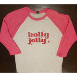 Hand Painted Glitter Holly Jolly on Pink Raglan (Unisex Fit)