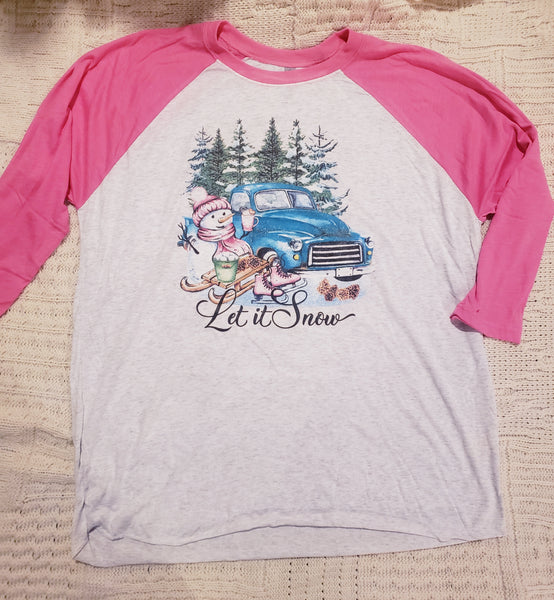 Let It Snow Watercolor on Pink Raglan (Unisex Fit)