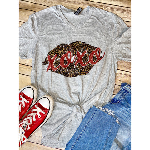 XOXO Lips on Grey V-Neck (Fits True to Size)